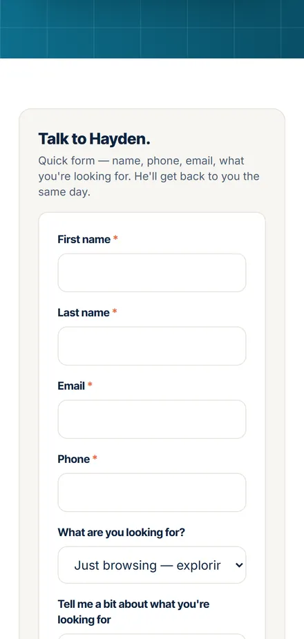 The short Talk to Hayden form on homesbyhayden.com, marked