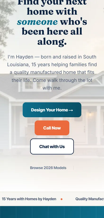 homesbyhayden.com on a phone with its Design Your Home and Call Now buttons marked