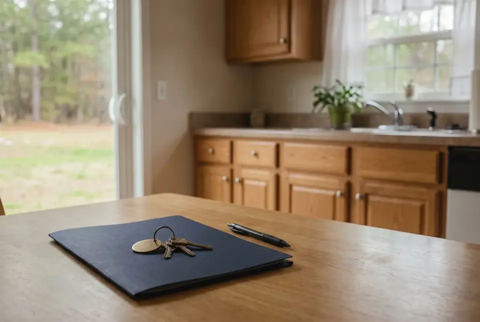 A ring of house keys resting on a closing folder in a home kitchen