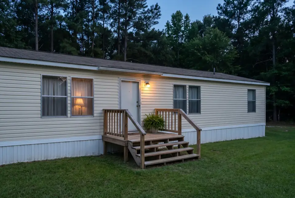 The front of a single-wide mobile home at dusk with its porch light on