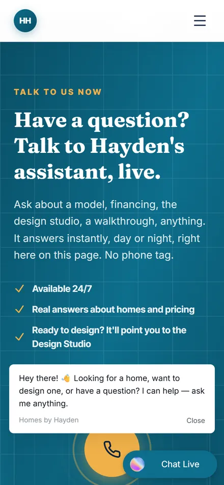homesbyhayden.com on a phone showing the AI assistant greeting and the call button