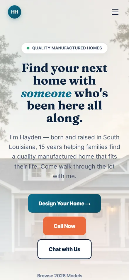 homesbyhayden.com on a phone: the hero with Design Your Home, Call Now and Chat with Us buttons