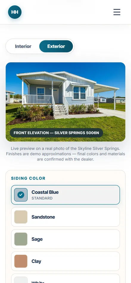 The homesbyhayden.com Design Studio on a phone with siding color options
