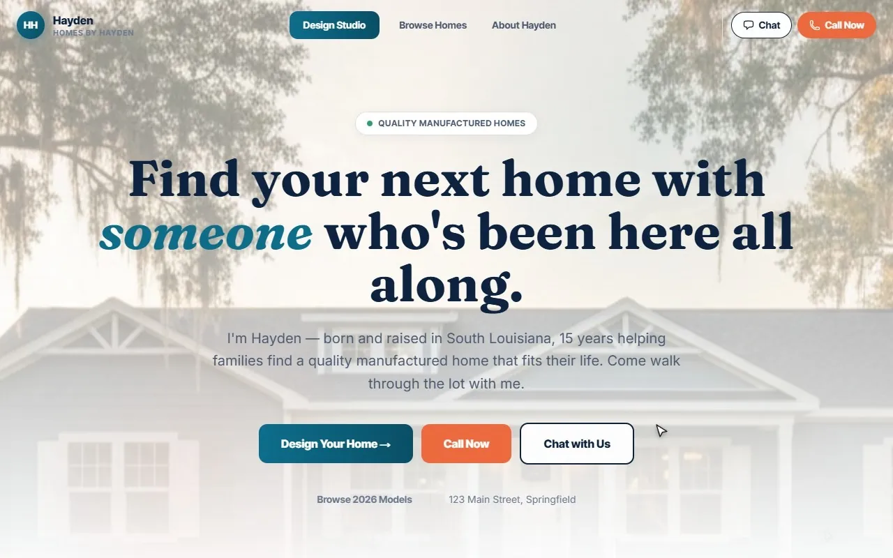 The homesbyhayden.com homepage: a moving hero photo, Hayden's introduction and buttons to design a home, call or chat