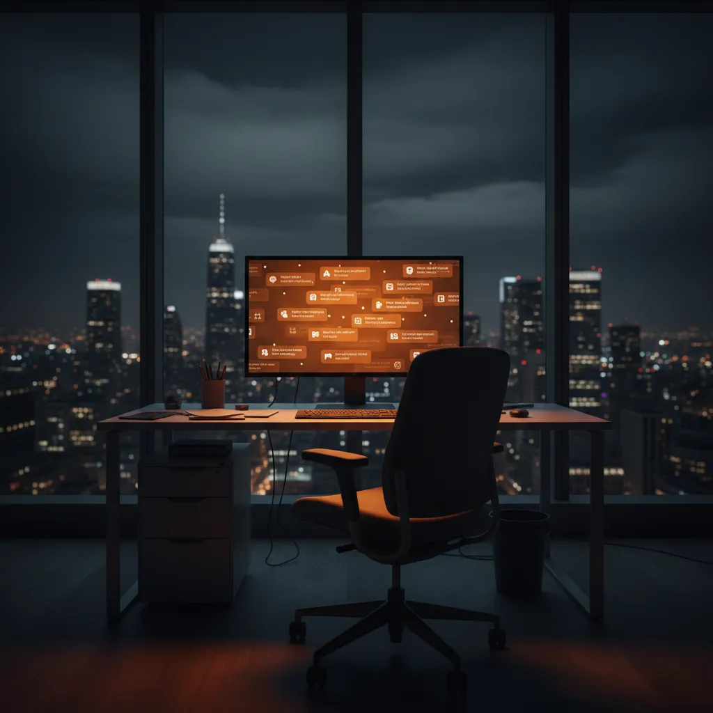 Empty office at night with glowing computer screen