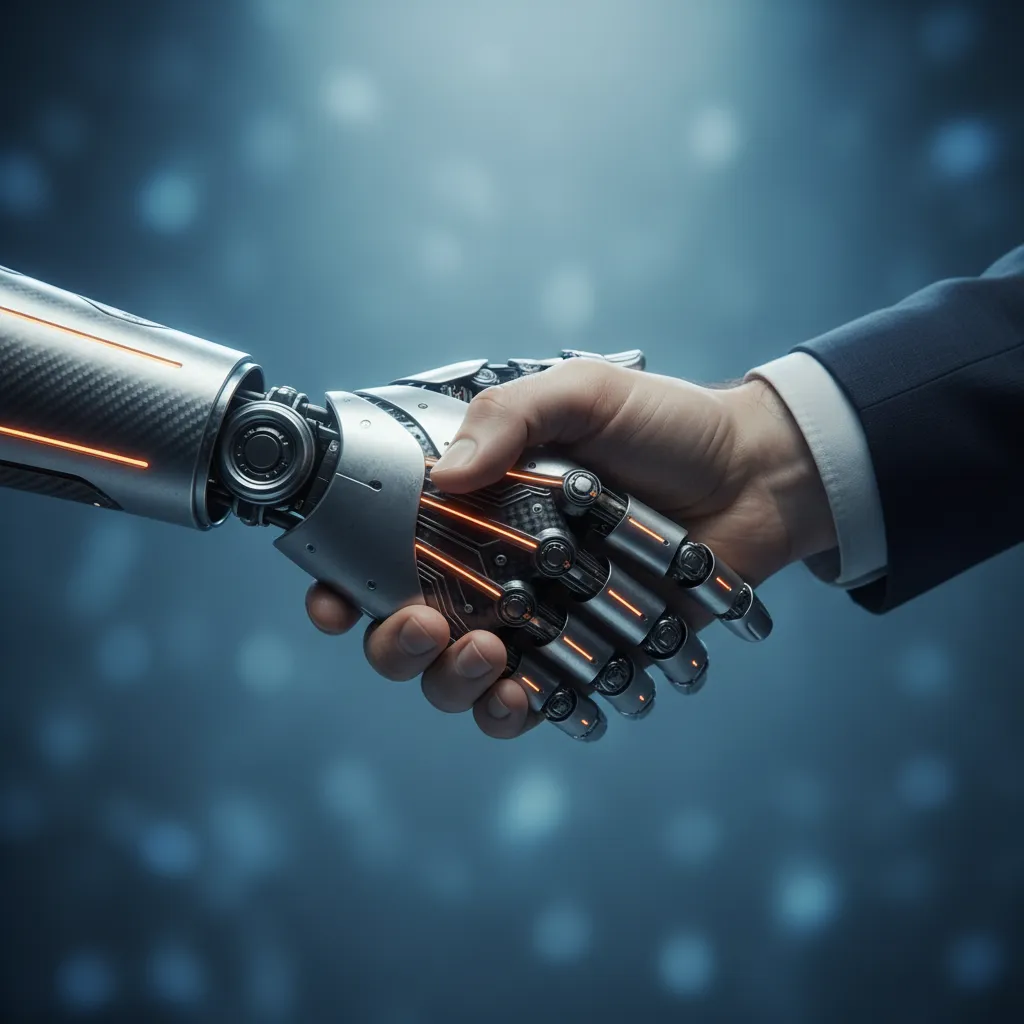 AI robot hand reaching to shake a human hand