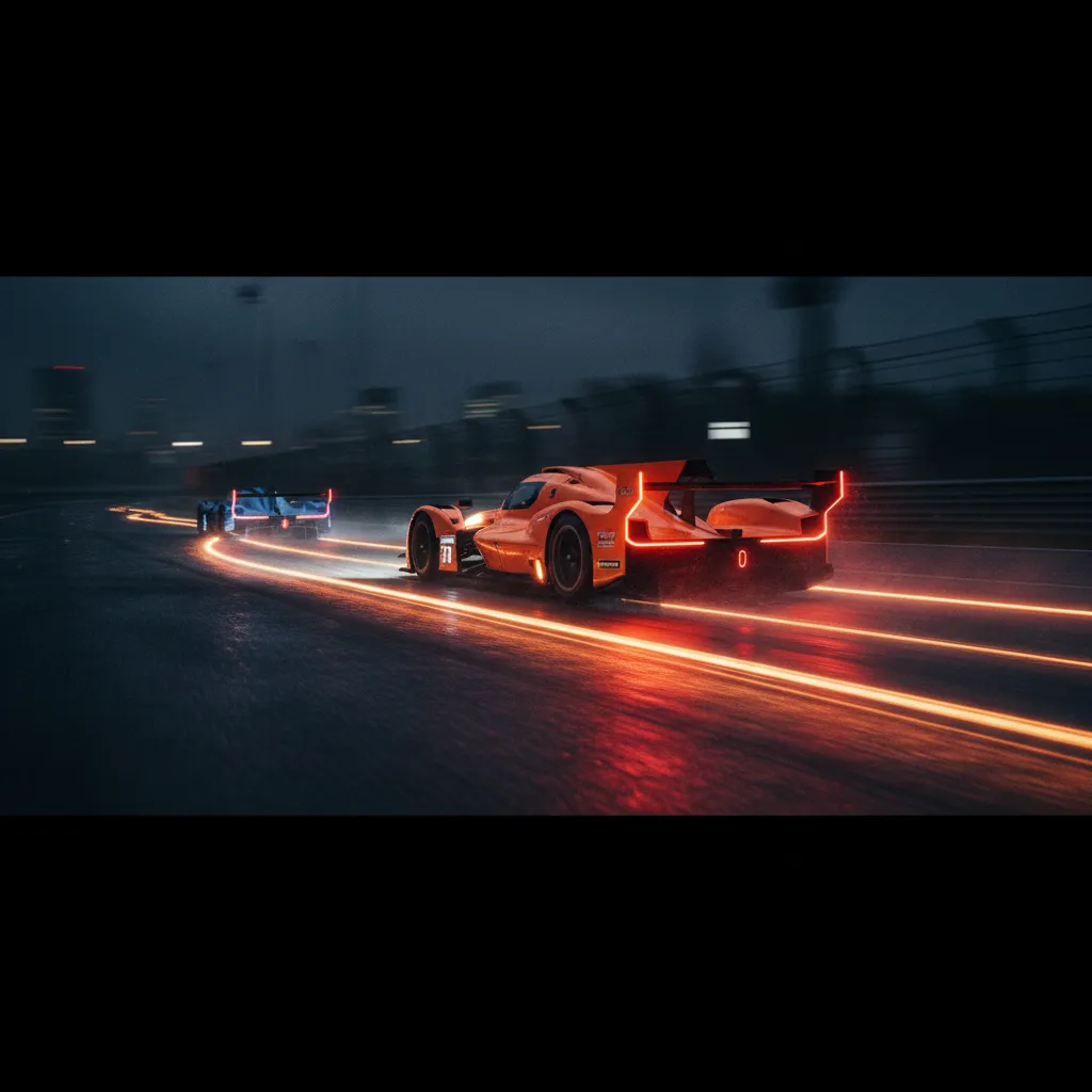 Two race cars on dark track, leader glowing orange