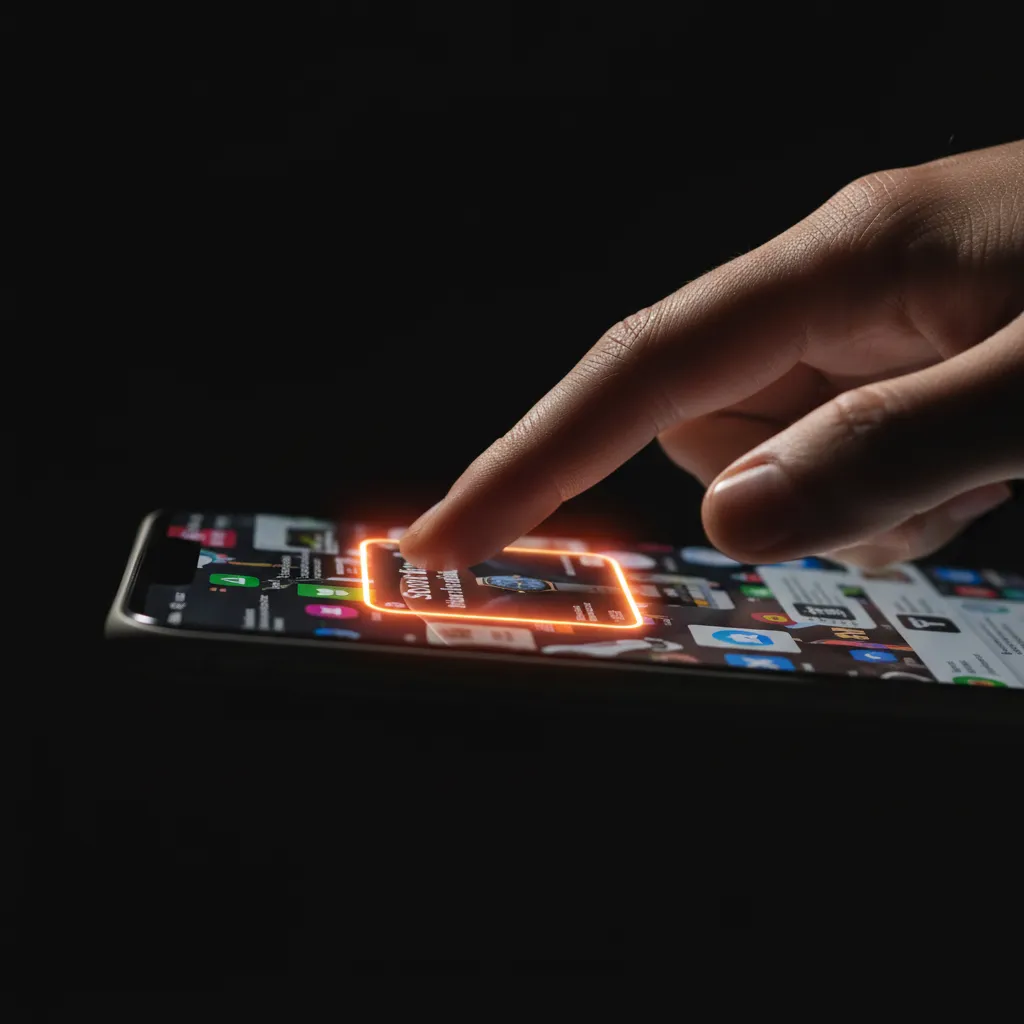 Thumb scrolling through phone ads with one glowing sharp