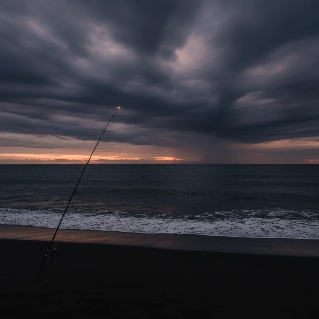 Single fishing pole on dark beach at dusk