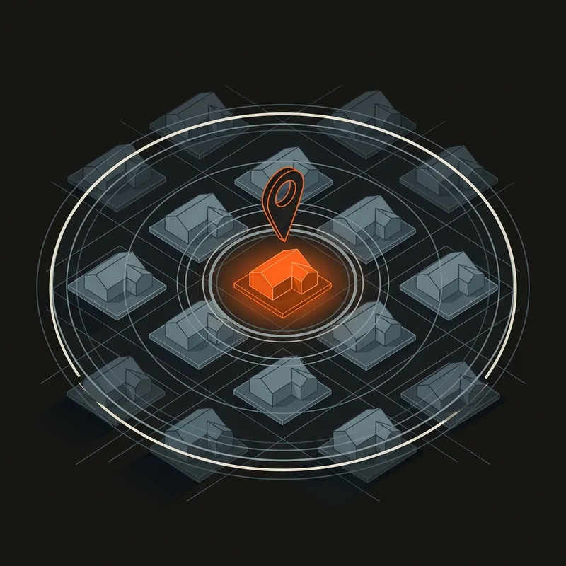 Concentric targeting rings over a plat grid of home pads with one pad selected
