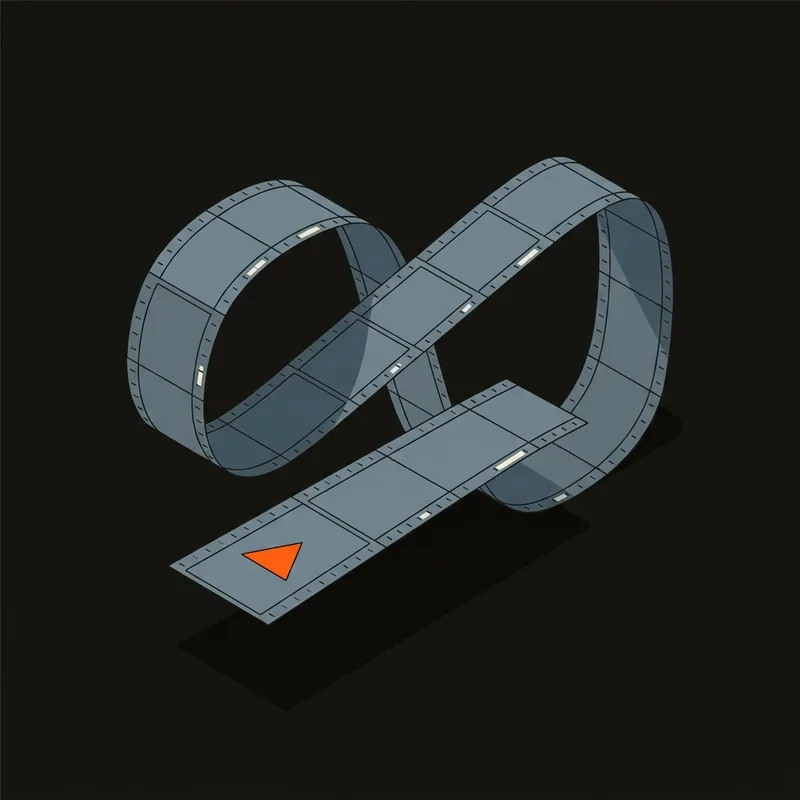 A filmstrip curving through space with a play marker